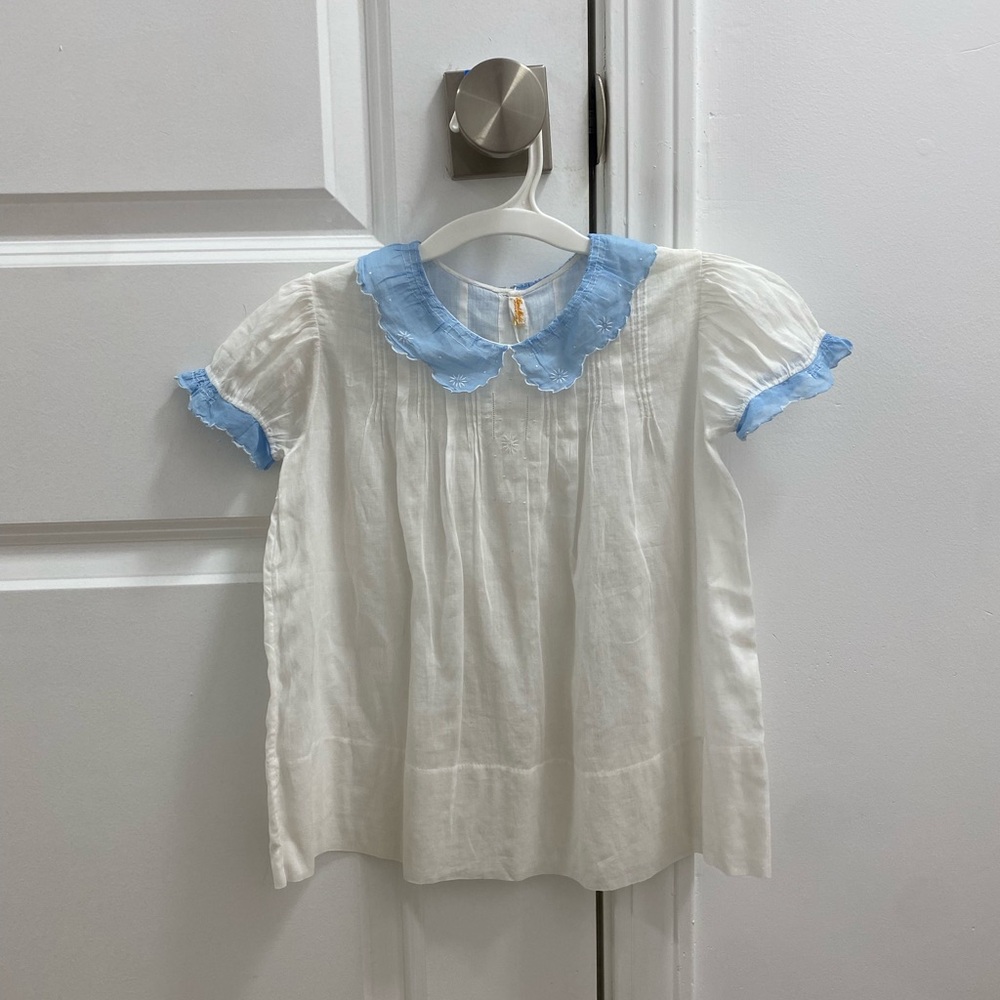 Handmade Vintage White Dress with Blue Peter Pan Collar